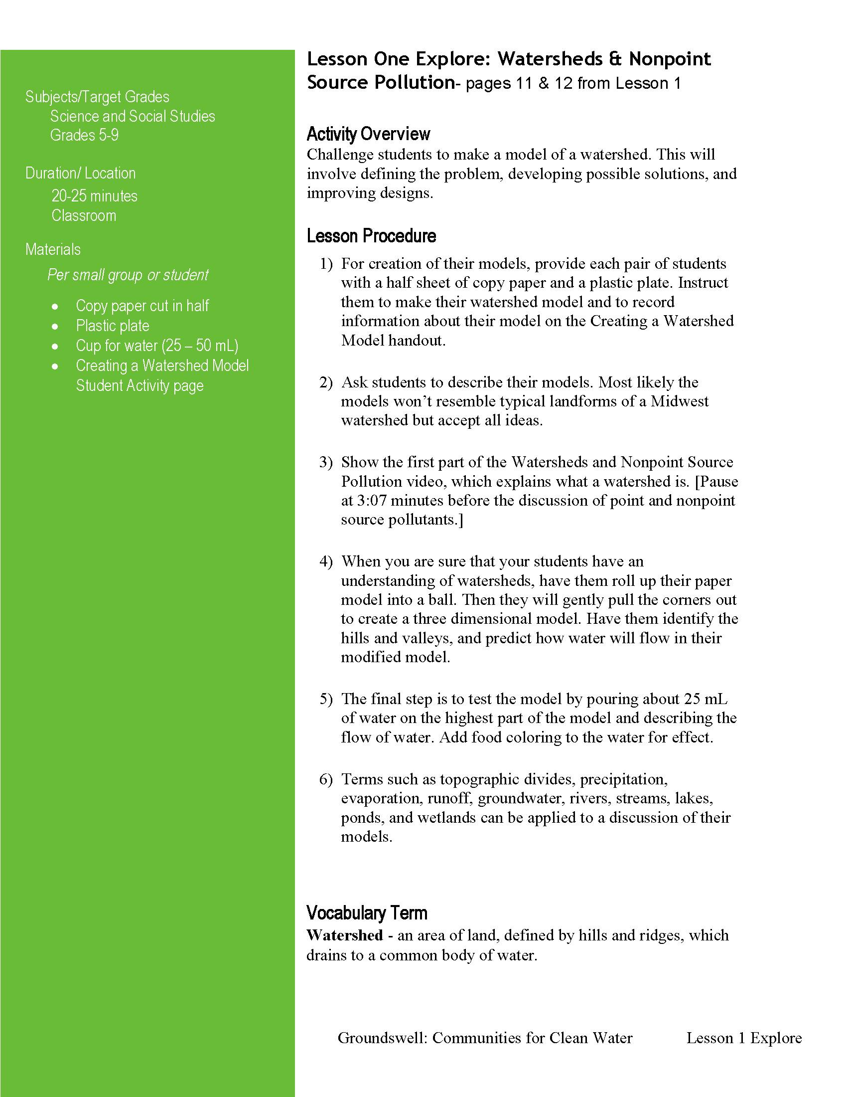 Cover page of Lesson One Explore: Watersheds and Nonpoint Source Pollution